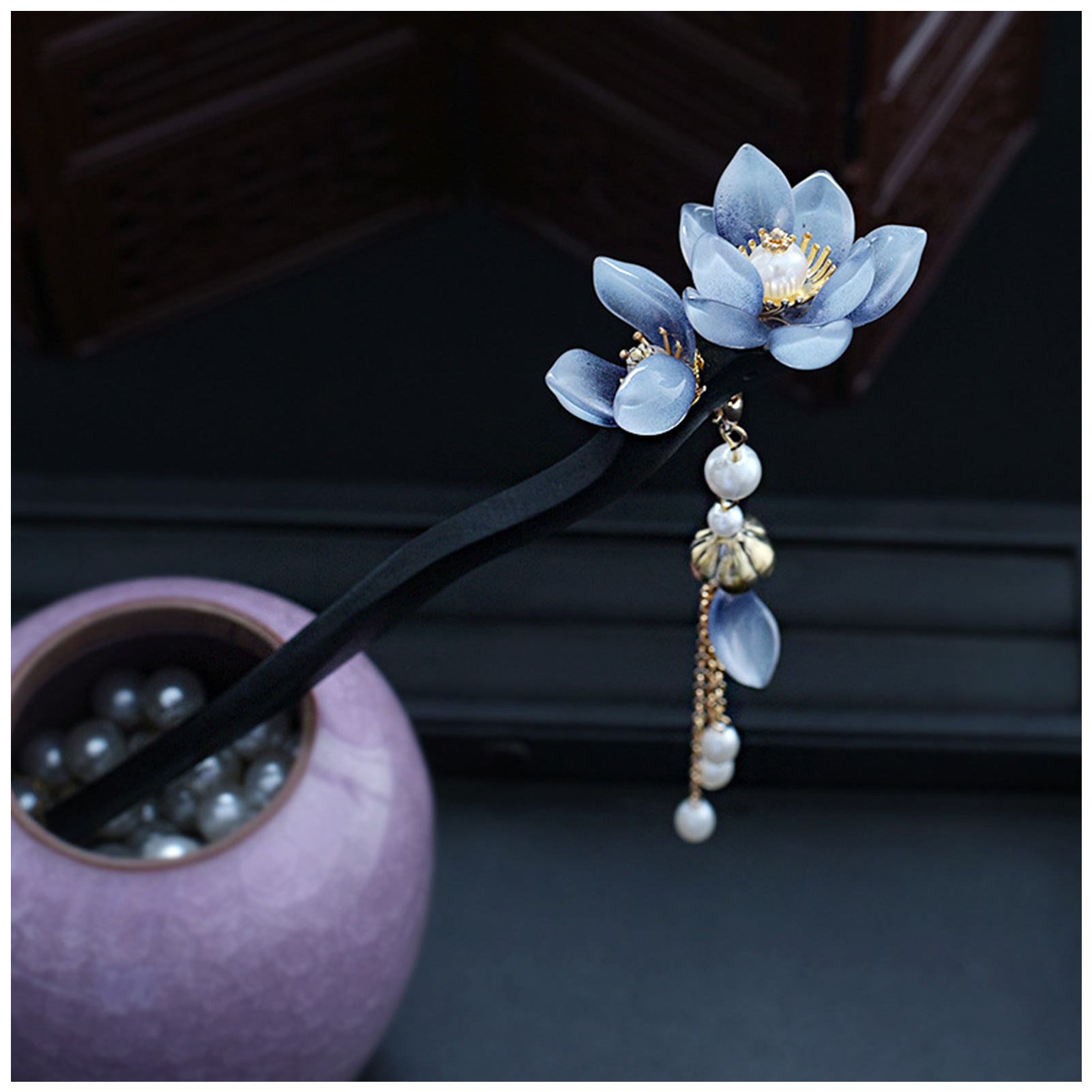 Tech Accessories Women - Blue Flower Hair Stick Vintage Pearl